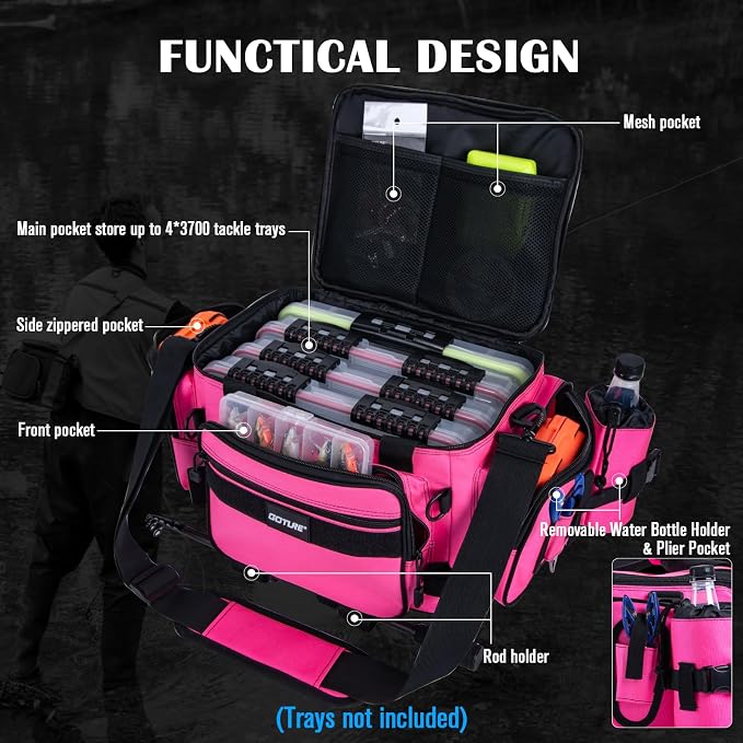 Goture Fishing Tackle Bag,Store Up to 4PCS 3700 Tackle Boxes(Not Included),600D Soft Side Water-Resistant Saltwater Gear Storage Fishing Bag with Rod Straps,Detachable Water Bottle Pouch,SBS Zippers