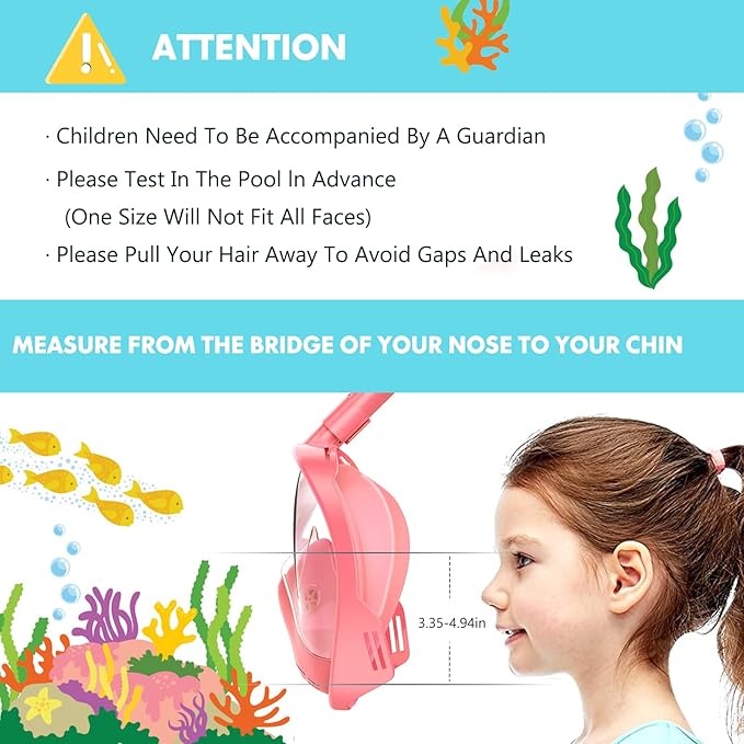 Kids Snorkel Mask Full Face, Snorkeling Gear for Kids with Camera Mount, 180 Degree Panoramic View Snorkeling Set Anti-Fog Anti-Leak