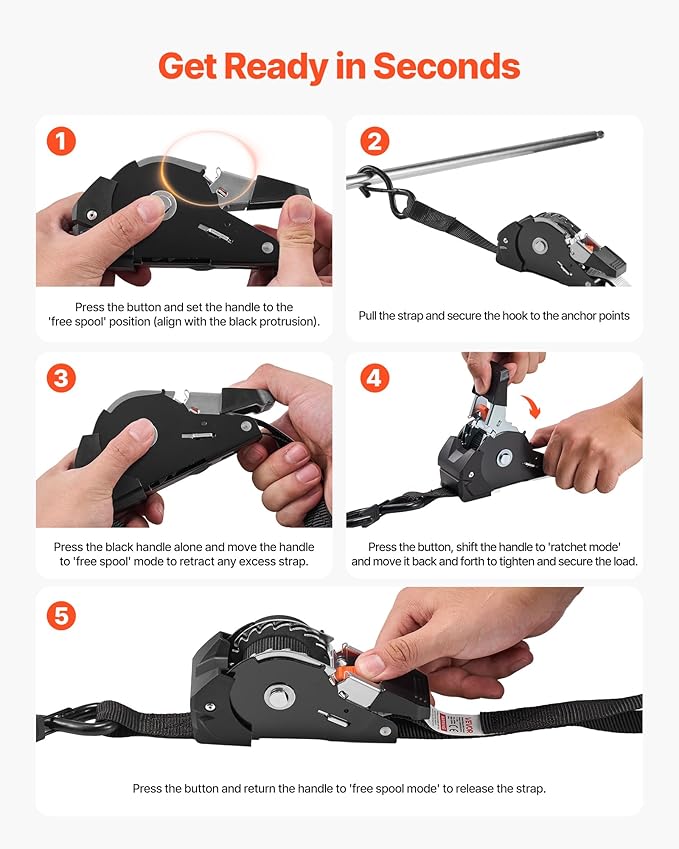 VEVOR Retractable Ratchet Straps, 1 in x 6 ft, Tie Down Straps with S Hooks, 1200 lbs Break Strength, 4 Soft Loops, Tie Down Ratcheting for Moving, Trailers, Motorcycles, Kayaks, Car Roof, 4 Pack