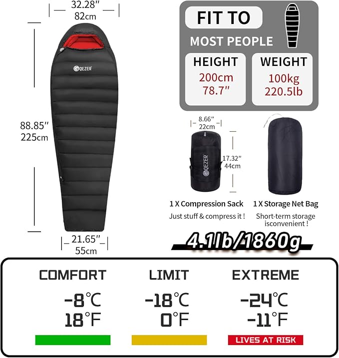 0 Degree Sleeping Bag for Adults 650 Fill Power Down Sleeping Bag for Cold Weather -20F / -8F / 0F / 10F Large Lightweight