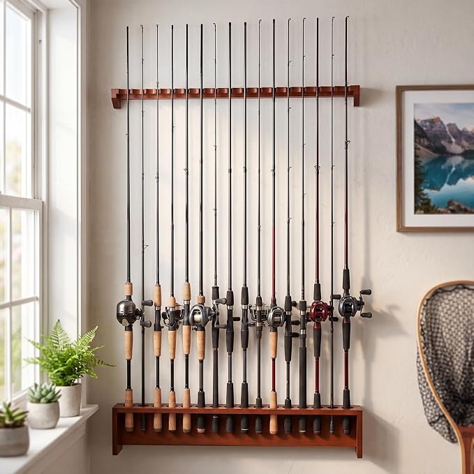 Sintuff 1 Pair 16-position Fishing Rod Rack, Wall Mount Pole Holder, Solid Red Oak Wood Rack, Walnut Finish, Space-saving Fishing Pole Storage, 16 Rod Max Capacity, for Garage, Home
