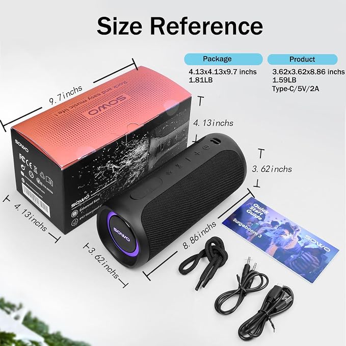 Wireless Waterproof Bluetooth Speaker - Portable Speaker Loud with Built-in Subwoofer and Tweeter, Extra Bass, Stereo Sound, IP67, Colorful Lights for Party, Outdoor, Camping - Black | Extra Bass, Stereo Sound, IP67 Waterproof and Dustproof, Colorful L...