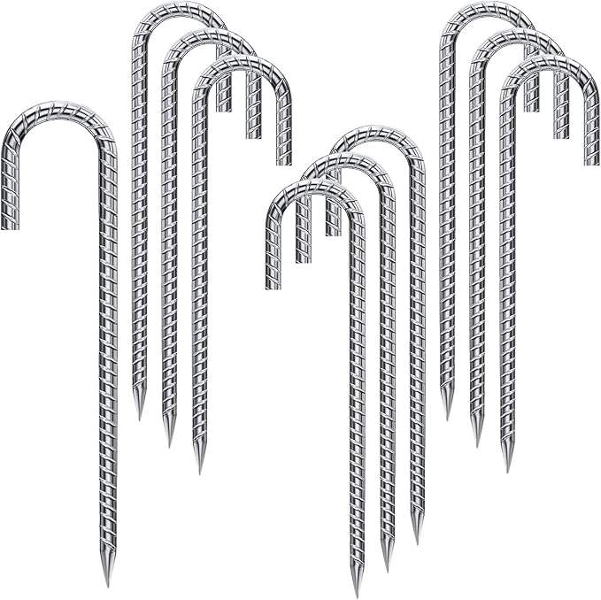 Rebar Stakes 12 Inch 10 Pack Tent Stakes Heavy Duty Metal J Hook, Fence Stakes for Trampoline, Fence, Camping Tent (10, 12")