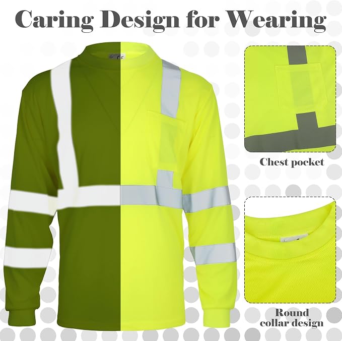 Amylove 4 Pcs Long Sleeve Safety Shirt High Visibility Reflective Construction Work Shirts for Men Women(XL,Yellow, Blue)