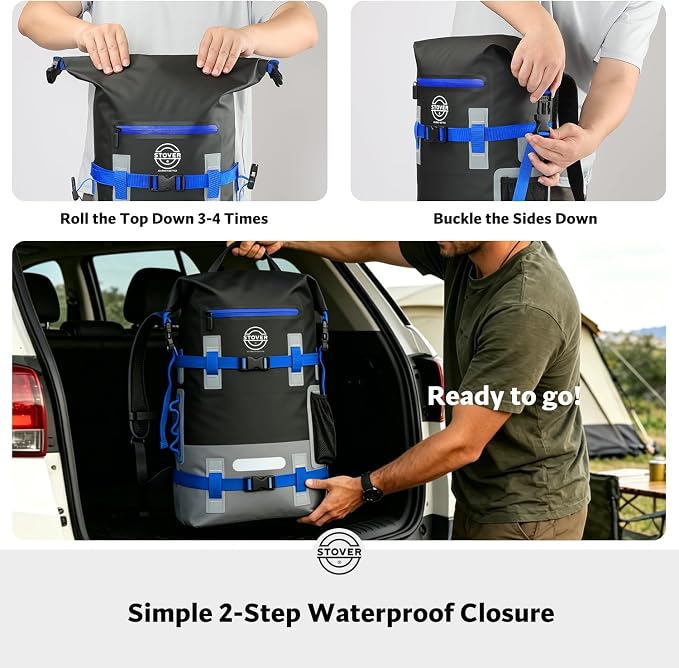 STOVER 30L Waterproof Dry Backpack & Phone Case - X-Large Floating Dry Bag for Kayaking, Travel, Hiking, Fishing, Camping, Motorcycles & Beach, Heavy-Duty Roll Top Men/Women (Black/Grey/Blue)
