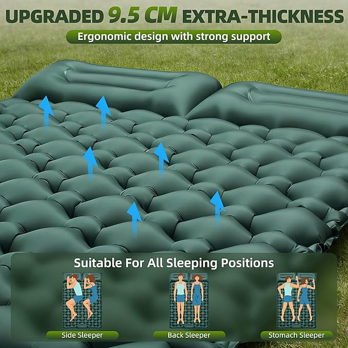 Double Camping Sleeping Pad, 4" Extra Thick 2 Person Inflatable Sleeping Pad with Built-in Foot Pump & Pillow, Self Inflating Camping Mattress for Tent, Backpacking, Hiking, Travel, RV（Dark Green）