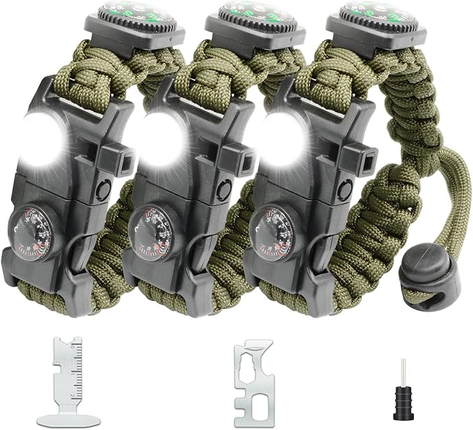 20 in 1 Survival Paracord Bracelet Adjustable Gear Kit with SOS LED Light, Fire Starter, Bigger Compass, Survival Whistle, Perfect for Camping, Hiking, Fishing
