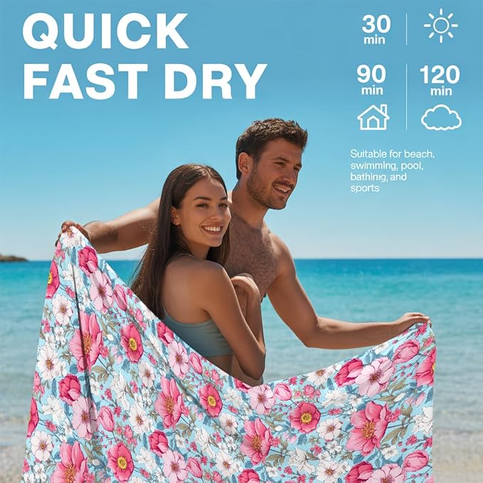 2 Pcs Microfiber Beach Towel Sand Free Quick Dry Oversized Vintage Shabby Chic Floral Dusty Blue White Design Pool Travel Essentials Bath Towels for Adults 71 x 32 Inches