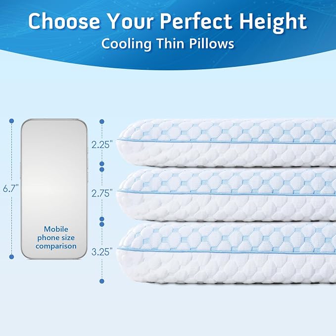 Flat Pillow for Stomach and Back Sleepers, Ultra Thin Pillow for Sleeping, Cooling Gel Slim Stomach Sleeping Pillows for Shoulder Neck Pain Relief, Low Profile Memory Foam Pillows 2.75-inches