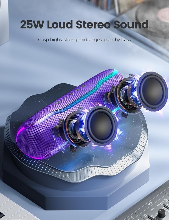 ERKEI SEHN Bluetooth Speaker, IPX7 Waterproof Wireless Speakers, Flashing Light, 25W Super Bass, 24H Playtime, Graduation Birthday Gifts for Him, TWS Pairing, Beach Essentials, Purple