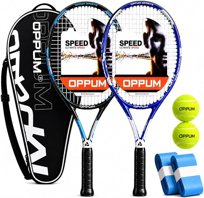 2-Pack Adult Tennis Rackets, 105 Sq Inch Oversized Head Pre-Strung for Beginners and Intermediate, Arm Friendly Vibration Control Set with Bag and Balls