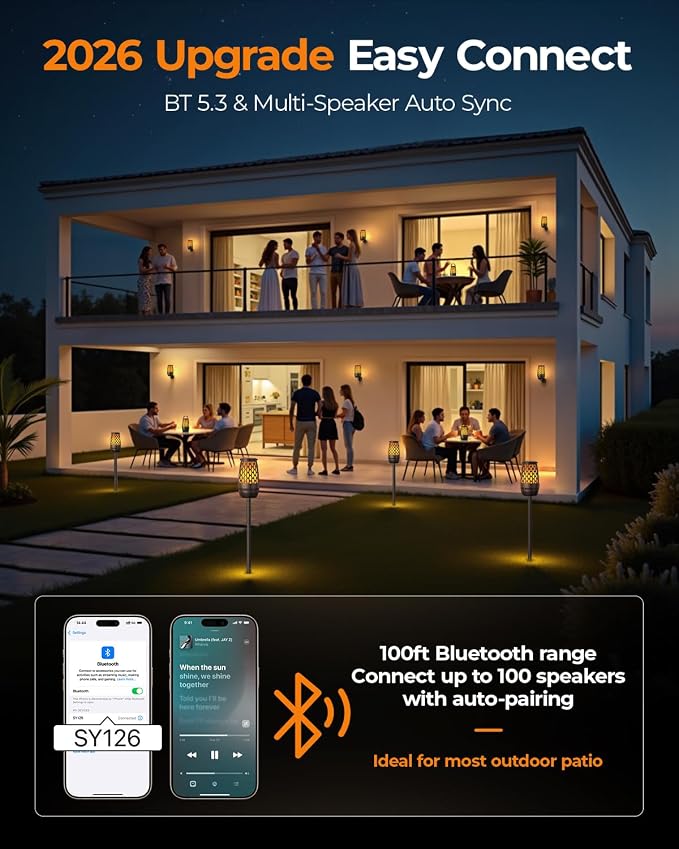 Outdoor Speakers Bluetooth Waterproof IPX6 with Flame Lights, Gadget Gifts for Men/Dad, Hd Stereo Sound, BT 5.3 Multi-Sync to 100 Speakers, Portable Wireless Speaker for Patio Cafe Decor Party