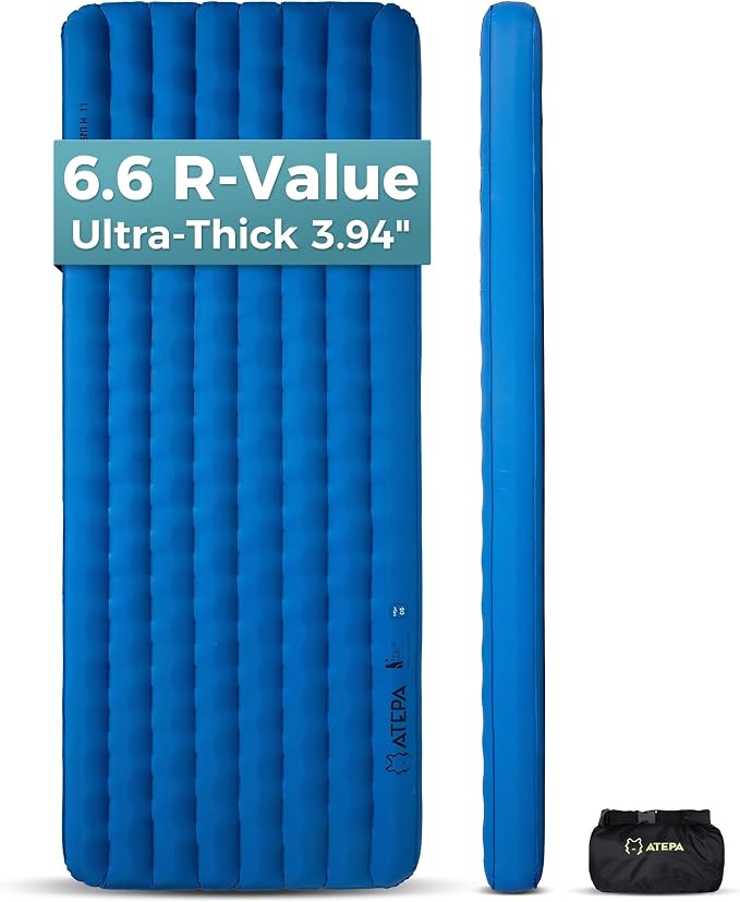 ATEPA ThermAir Pro Insulated Sleeping Pad for Backpacking, 6.6 R-Value 4” Thick Ultralight Quiet Camping Air Mattress with Pump Sack, Wide Long 77”x25”, 4-Season Sleeping Mat for Hiking Travel