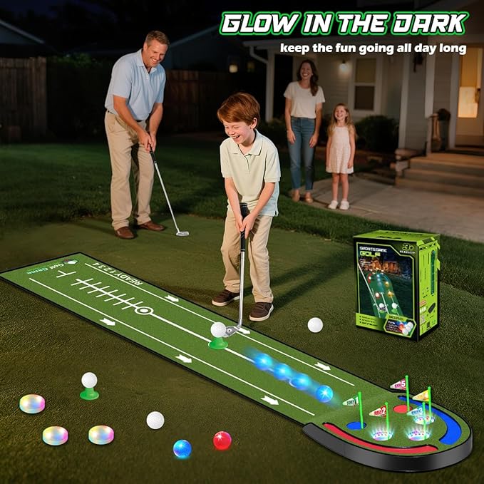 TERRAMUS Upgraded Golf Putting Mat for Kids, 7.8 Ft Putting Green with LED Light up Holes, Glowing Balls, 2 Clubs, Toy Golf Game Set, Golfing Mats Indoor Outdoor, Sport Golf Gift for Kids Teens Family