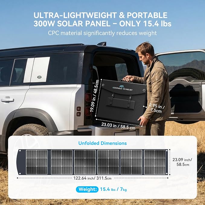 Ecosonique 300W Portable Foldable Solar Panel, 15 lbs CPC Ultra-Lightweight, 40V MC4 & Multi-Output for Anker/Jackery/EcoFlow & More Power Stations, 6 Adjustable Kickstands for RV Camping & Off-Grid