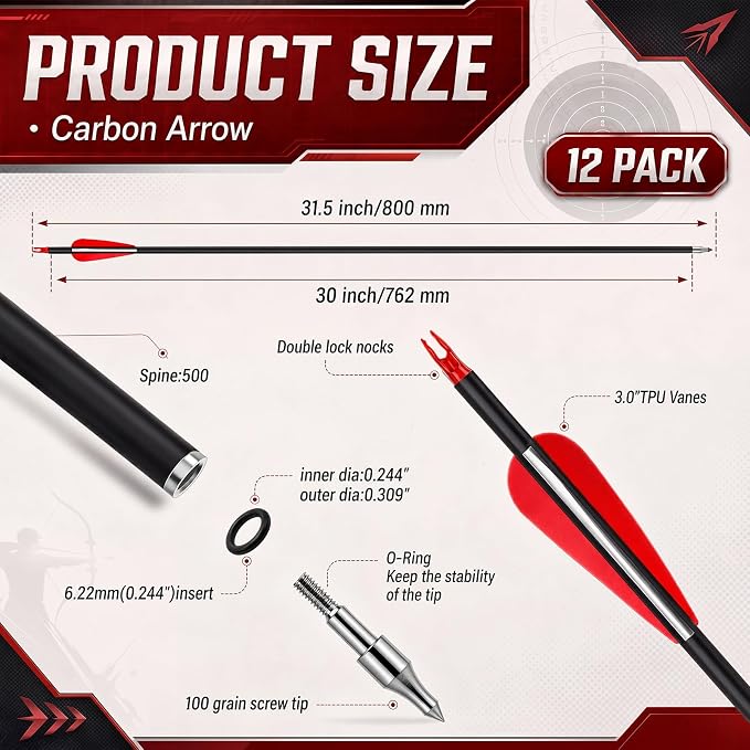 Silipull 24 Pcs Archery Practice Kit 12 Pcs 31" Carbon Arrows for Compound Recurve Bow Spine 500 Hunting Train Arrows with 6 Nocks, Quiver, Arm Guard, Finger Glove, Targets for Beginner Adult