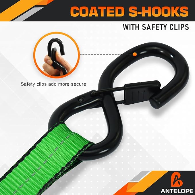 Ratchet Tie Down Straps Set, 2100 LBS Breaking Strength, 4 Pack 1" x 15' Heavy Duty Ratchet Straps, Cargo Strap, Motorcycle Straps for Trucks, Bicycle, Kayak, Moving, Tie Downs with S Hooks, Green
