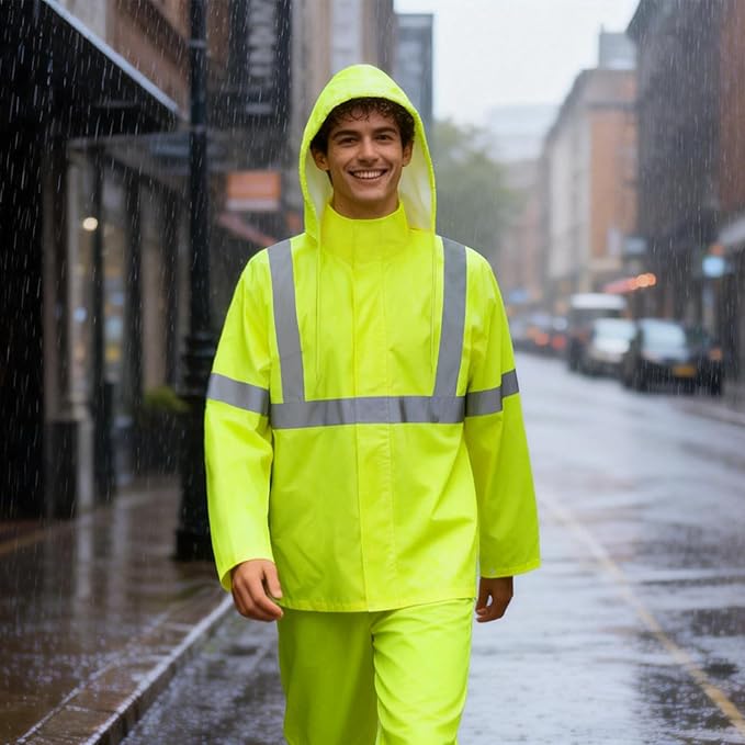 Hi Vis Rain Jacket Rain Suits for Men, High Visibility Waterproof Rain Coat with Hood, Class 3 Lightweight High Vis Rain Gear for Outdoor Activities& Safety Work, Men Women, Yellow T, L-XL
