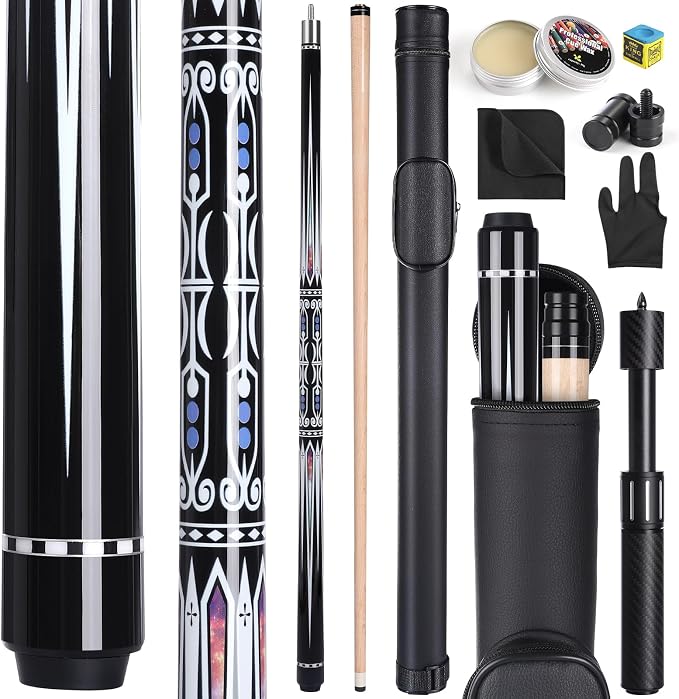 Premium Pool Cue Stick Set, 58'' Billiard Cues Canadian Maple Wood Stick 13mm Tip with Pool Cue Case, Telescopic Carbon Fiber Extension Cue & Billiards Accessories for Billiards Player