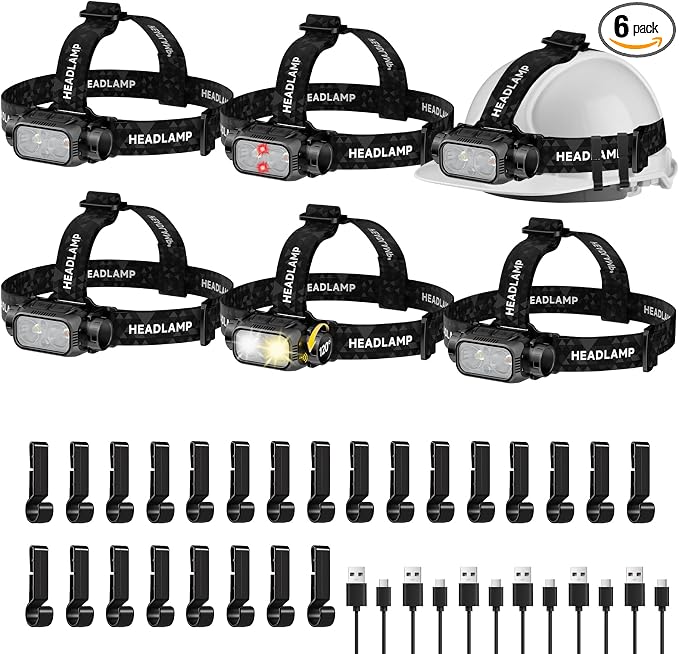 Rechargeable Headlamp Super Bright High Lumens, 6Pack LED Head Lamp with 5 Modes, 120° Adjustable Head Lights for Forehead, Waterproof Hard Hat Headlamp for Adults Camping Hunting Hiking