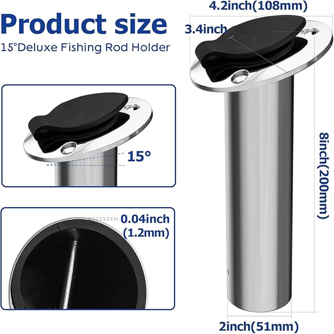 Fishing Rod Holder 2 Pack, 316 Stainless Steel 15/30/90 Degree Rod Holders for Fishing Boat, Flush Mount with Cap, Heavy Duty