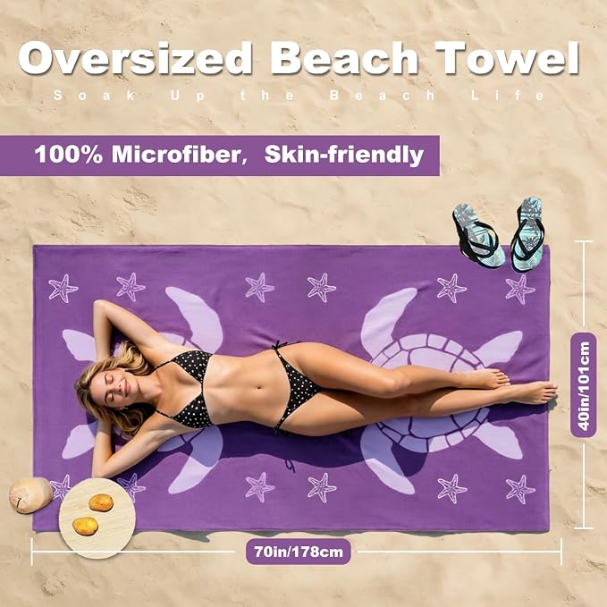 Jessy Home 4 Pcs Microfiber Beach Towel 40x70in, Sand-Free Quick-Dry Towel Set with Starfish & Sea Turtle Prints, Ultra Soft Absorbent Towel for Swimming, Beachwear & Pool Use