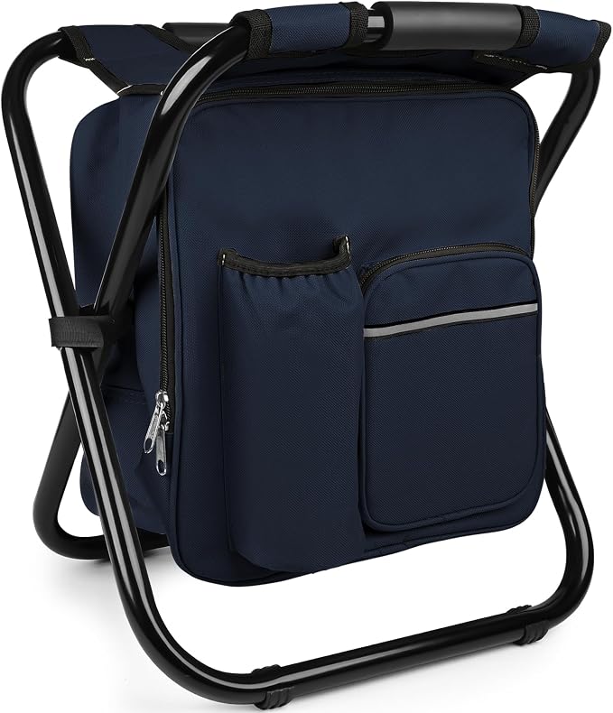 Kikerike Backpack Stool Cooler Chair Heavy Duty 300 LBS Max Load Portable Lightweight Stool Backpack Folding Fishing Cooler Seat for Camping Hunting Fishing - Navy Blue