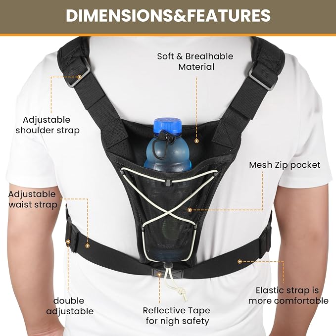 DegeTMVe Tactical Running Chest Bag with Anti-Bounce Design, Water-Repellent & Concealed Pistol Holster – Adjustable 4-Strap, Water Bottle Holder, Reflective Safety for Hiking, Cycling, Workouts