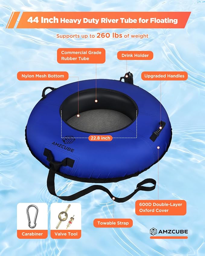 Heavy Duty River Tube for Floating, 44" River Float for Adults with Upgraded Handles and Drink Holder, Abrasion Proof 600D Canvas Cover Outdoor Inflatable Water Tube with Towable Strap
