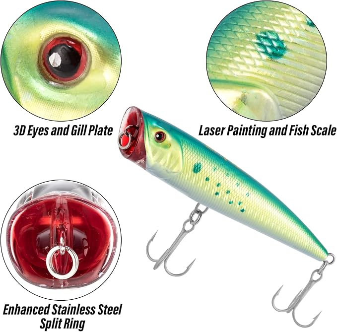 Dr.Fish Popper Saltwater Fishing Lures, 4/5.5 Inches GT Popper VMC Treble Hooks Surf Fishing Lures for Bass Striper Pike Salmon Offshore