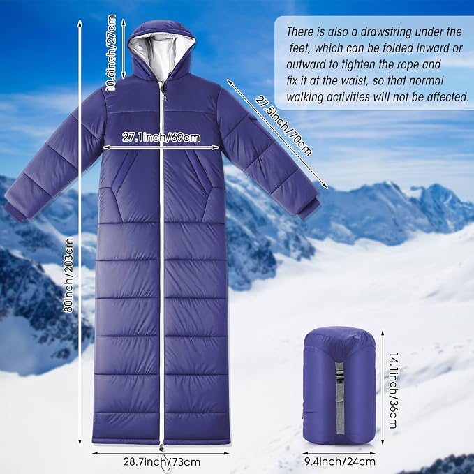 Macarrie Cold Weather Wearable Sleeping Bag for Adults with Sleeves and Hood 74 Inch Long 0 Degree Winter Weather Insulated Extreme Cold Sleeping Bag Coat for Camping Hiking Stadium