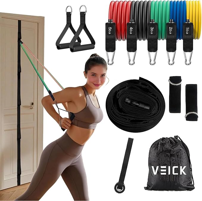 VEICK Resistance Bands Set, 10-150 LBS Stackable Exercise Bands with Handles, Ankle Straps & Door Anchor, Workout Bands for Home Gym, Yoga, Pilates, Physical Therapy for Men Women
