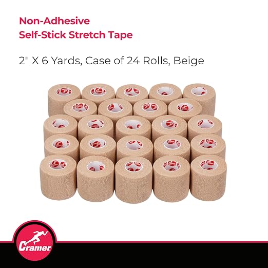 Cramer Eco-Flex Self-Stick Stretch Tape, Beige, 2" x 6 yds, Cohesive Athletic Bandage, Athletic Trainer Flexible Sports Underwrap, Easy Tear Vet Wrap for Pets, Self Adhesive Bandage Roll, 24 Rolls