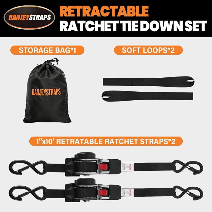 Self Retracting Ratchet Straps 1" x 10' (2-Pack) - Black Heavy Duty Tie Down Straps with Auto Retract, 1540lb Break Strength for Truck, Motorcycle, ATV, Cargo Trailer