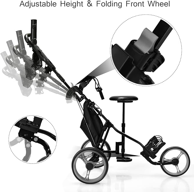 GYMAX Foldable 3-Wheel Height Adjustable Lightweight Golf Caddy Cart with Umbrella Holder, Hydraulic Seat, Storage Bag & Cup Holder