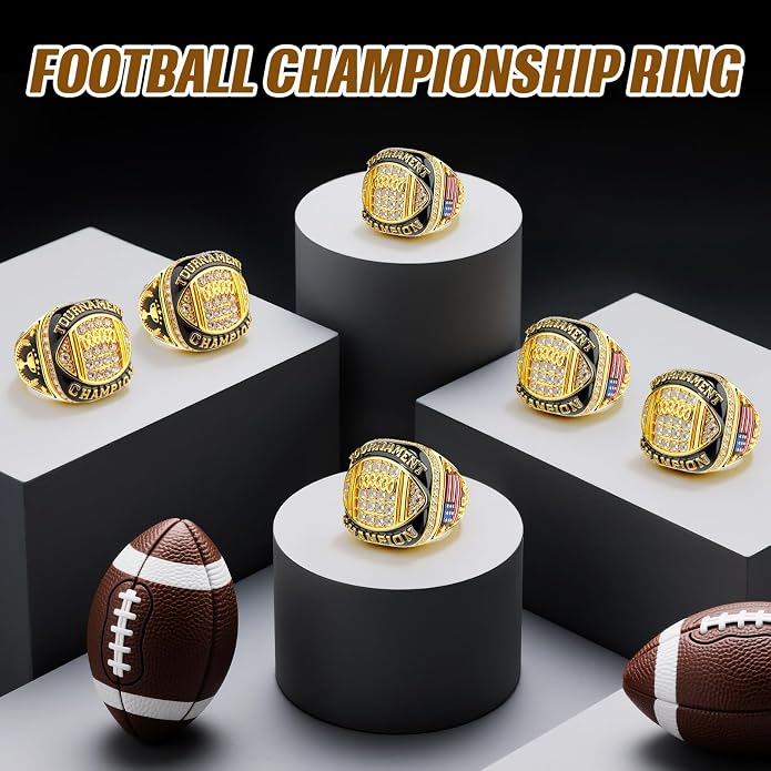 Misdary Soccer Baseball Basketball Championship Rings with Holder Most Valuable Player Trophy Gold Ring Award Gift Team Prize for Football Tournament Winner
