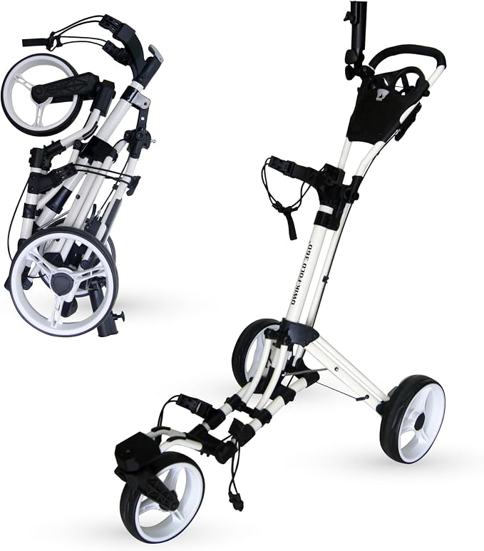 Qwik-Fold 3-Wheel Golf Push Cart with 360° Swivel Front Wheel & Foot Brake – 1-Second Folding Golf Trolley, Lightweight Aluminum Frame, Umbrella Holder, Cup Holder & Storage