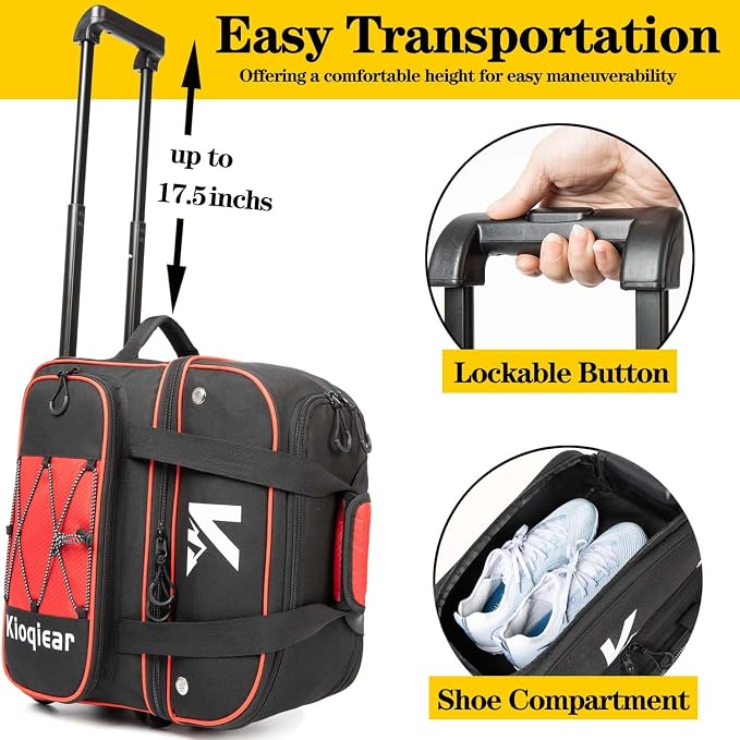Double Roller 2 Ball Bowling Bag with Large Separate Shoe Compartment and Oversized Accessory Pocket, 36" Extendable Handle.