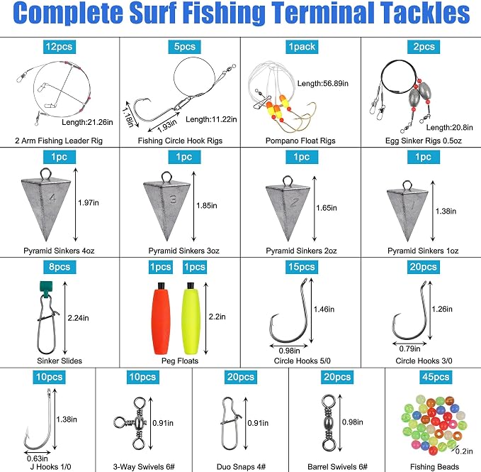 Saltwater Gear Surf Fishing Tackle Kit, Include Saltwater Lures, Pyramid Sinker Weights, Bucktail Jigs, Spoons, Leader Rigs, Catfish Hooks Swivels, Pier Ocean Sea Surf Fishing Freshwater Accessories