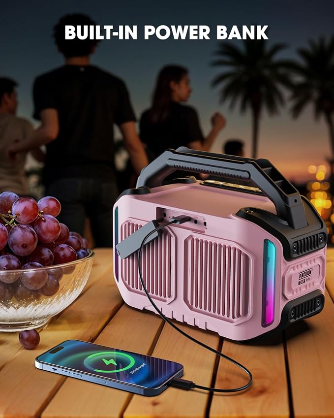 ANCOON Speakers Bluetooth Wireless: 80W(Peak) Loud Speaker with Bass, 20H Playtime, IPX6 Waterproof, Large Jobsite Speakers for Work, Outdoor, Workshop, Garage, Portable Speaker with TWS (Pink)