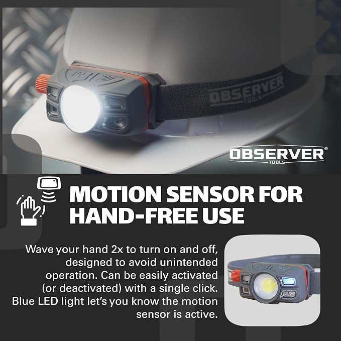 Observer Tools Rechargeable LED Headlamp Waterproof - Hiking Camping Outdoors Flashlight Head Lamp - Hard Hat Work Light w/Motion Sensor for Adults - Gift