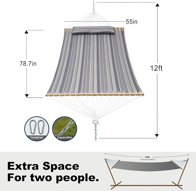 GAFETE Hammock 2 Person Quilted Fabric Hammocks for Outside, Double 12ft Hammocks with Spreader Bar, Large Removable Pillow, Storage Bag, Carabiners, Max 475 lbs Capacity (Peace Dove Grey)