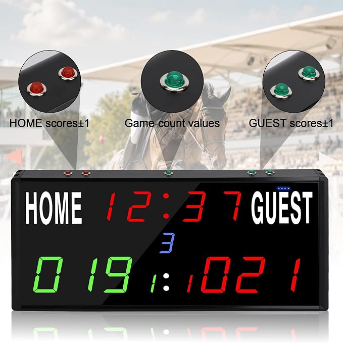 LED Electronic Scoreboard Digital Score Keeper with Remote/Timer/Shot Clock,Portable Basketball Scoreboard with 40-Foot Remote Control ,100FT VISIBLE,24H Clock,Score History,6 Brightness,3 Placements