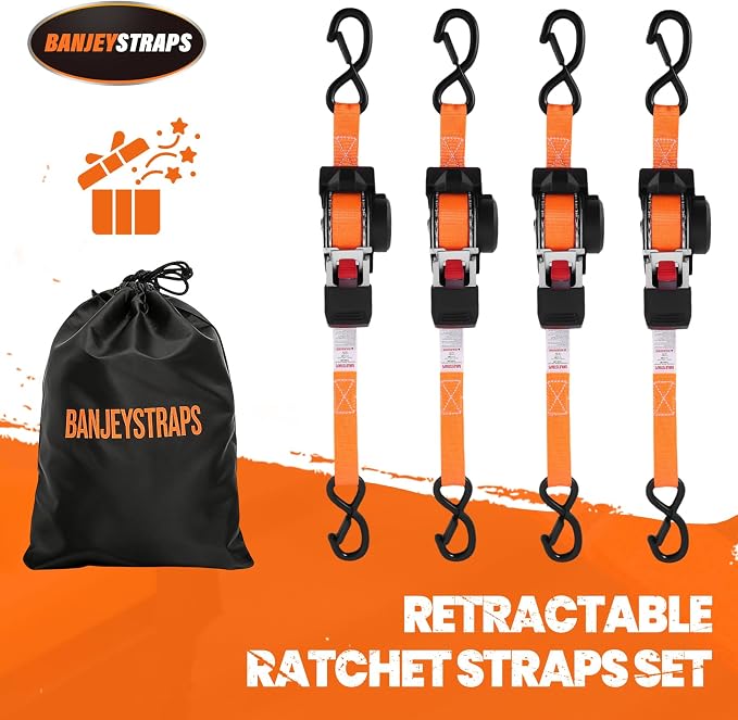 1" x 10' Self Retracting Ratchet Straps (4-Pack) - Orange Heavy Duty Tie Downs with Auto-Retract, 1540lb Break Strength for Truck, Motorcycle, ATV, UTV, Cargo Trailer