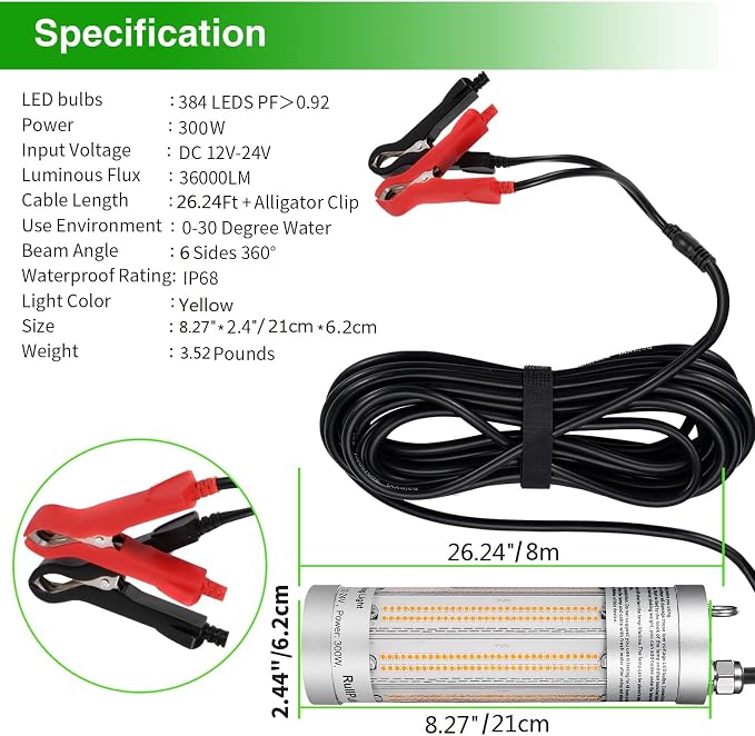 300W 36000lm Underwater Fishing Light, IP68 Waterproof Aluminum Super Bright Night Fish Attracting Submersible LED Lamp Lure Bait Finder for Freshwater Saltwater Sea Kayak Ice Dock (Yellow)