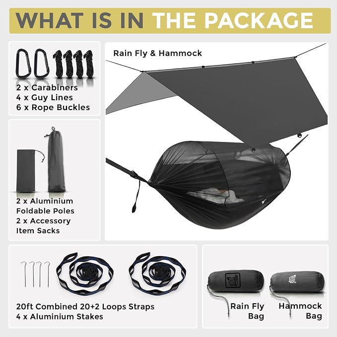 Miztli Camping Hammock with Net & Rain Fly All-in-1 - Double & Single Portable Hammock Ripstop Nylon, Complete Kit w/Adjustable Tree Straps for Backpacking, Outdoor, Travel