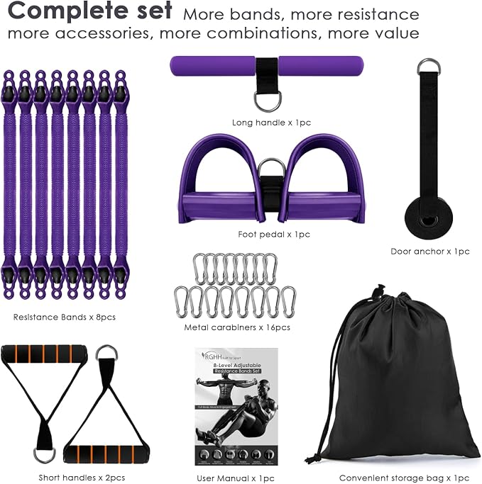 Resistance Bands Set with Handles, 8 Levels up to 200 lb, Door Anchor, Foot Plate, Carry Bag, Home Gym Exercise Equipment for Full Body Workout