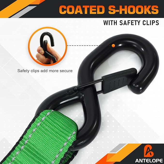 Ratchet Tie Down Straps Set, 5250 LBS Breaking Strength, 4 Pack 1.5" x 15' Heavy Duty Ratchet Straps, Cargo Strap, Motorcycle Straps for Trucks, Bicycle, Kayak, Moving, Tie Downs with S Hooks, Green