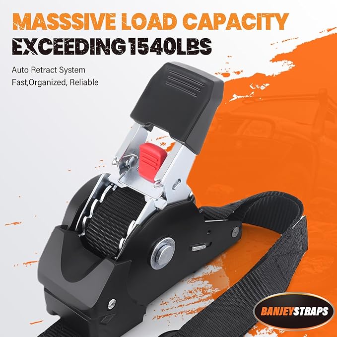 Self Retracting Ratchet Straps 1" x 10' (2-Pack) - Black Heavy Duty Tie Down Straps with Auto Retract, 1540lb Break Strength for Truck, Motorcycle, ATV, Cargo Trailer