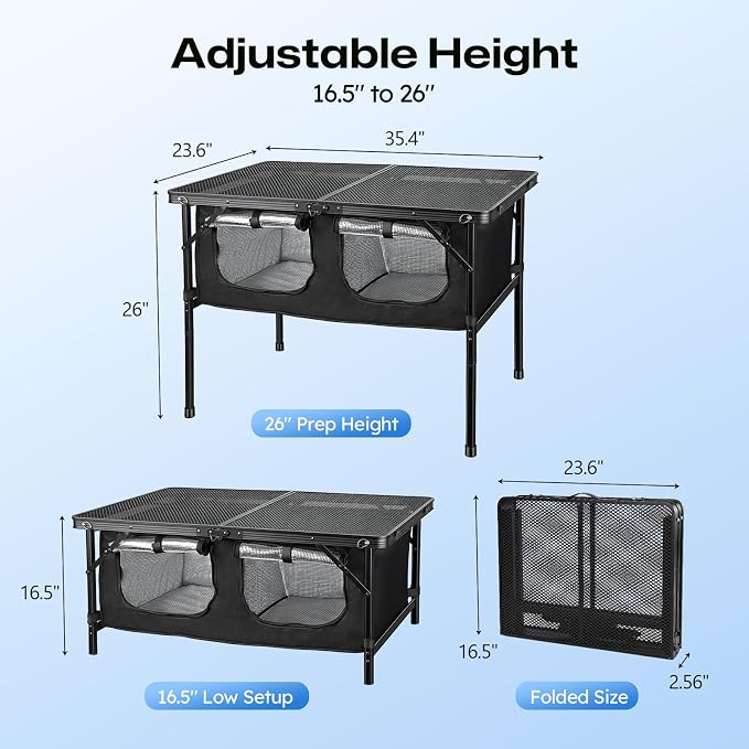 Camping Table with Storage, Folding Camp Kitchen Table with Insulated Cooler Bag, 35.4" x 23.6" Height Adjustable Lightweight Aluminum Outdoor Table for BBQ, Picnic, RV, Tailgating